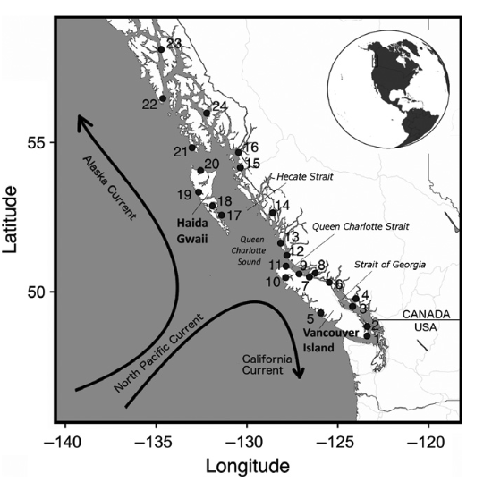Map of sampling locations in coastal British Columbia (1–20) and southeastern Alaska (21–24).