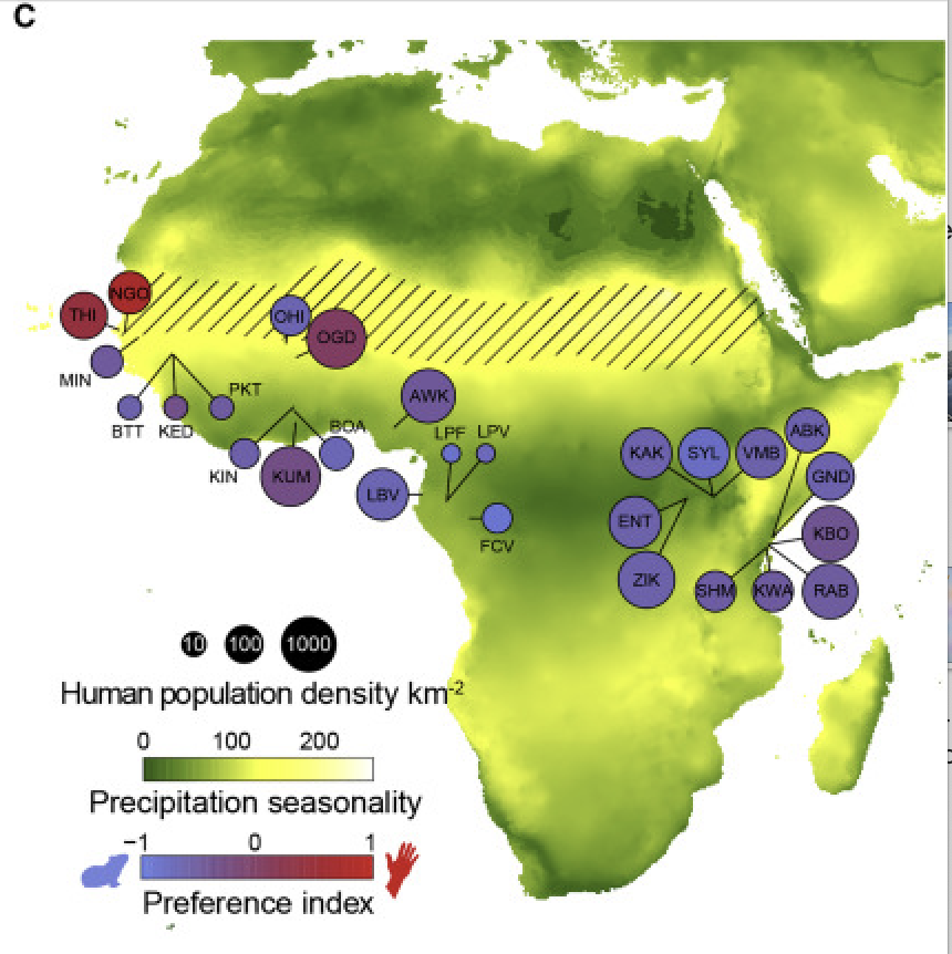 Rose et al. (2020) Map of collection sites. Diagonal hatched lines mark the Sahel ecoclimatic zone.