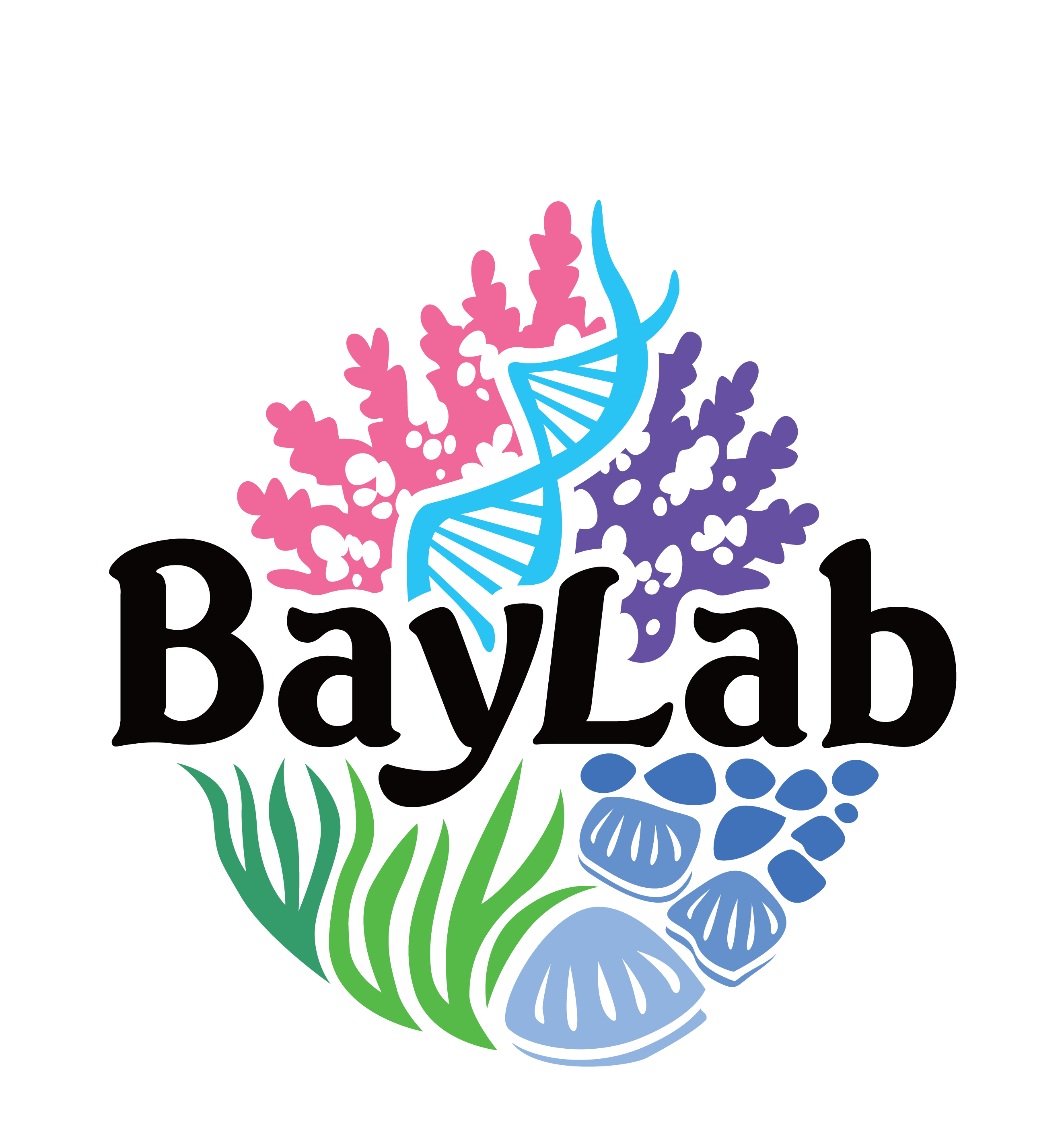 a logo with marine organisms surrounding the words Bay Lab